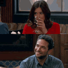a woman holding a glass of wine next to a man