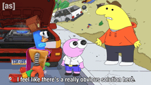 a cartoon character says " i feel like there 's a really obvious solution here " in front of a broken down car