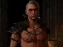 a man without a shirt is standing in a dark room with the words army_angedonia on the bottom