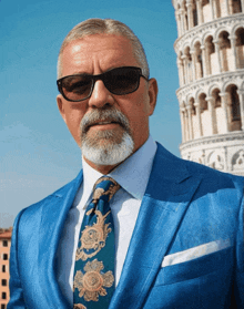 a man wearing a blue suit and tie is standing in front of a tower