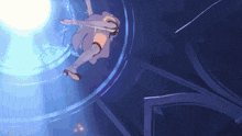 a video game character is flying through the air with a light behind her