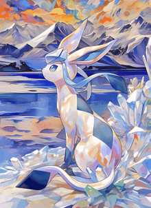 a painting of a rabbit with a blue ribbon around its neck