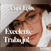 a woman wearing glasses and a white hat with the words capi eolis written on it