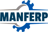 a blue and white logo for manferp with a gear on it