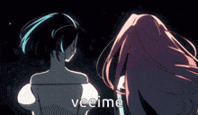 two anime girls are standing next to each other and the words veeime are visible