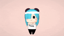 a cartoon character with blue hair wearing a shirt that says t-iii