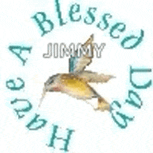 a hummingbird is flying in the air with the words `` have a blessed day jimmy '' .