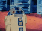 a cartoon of r2d2 from star wars is standing in front of a building .