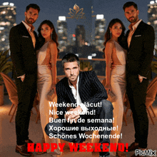 a man in a suit sits in front of two women with the words happy weekend written on the bottom