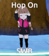 a cartoon girl is standing in front of a tree with the words hop on swb on the bottom