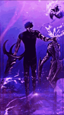 a purple background with a man holding a shark in his hand