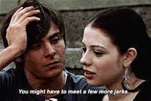 a man and a woman are looking at each other and the woman says you might