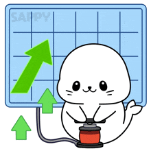 a cartoon seal is pumping up a green arrow in front of a chart that says sappy