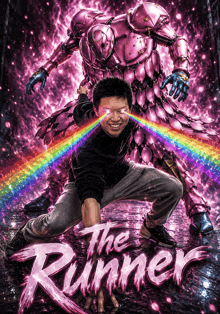 a poster for a movie called the runner with a man kneeling in front of a pink robot