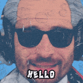 a man wearing sunglasses and headphones with bubbles on his face says hello