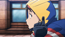 a cartoon character with a yellow and blue hood talking on a cell phone