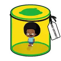 a cartoon character in a yellow and green container with a tag that says " onde vento # 8612 "