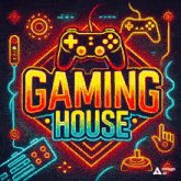 a neon sign that says gaming house with a game controller