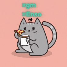 a cat holding a cup of coffee and a slice of pizza on a pink background