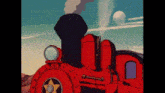 a cartoon drawing of a red train with smoke coming out of it 's exhaust pipe .