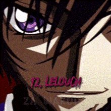 a close up of a person 's face with the name lelouch written in pink