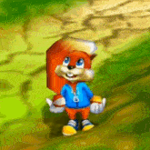 a cartoon squirrel wearing a blue jacket with the letter a on it