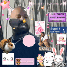 a man with cat ears is surrounded by various icons including a bunny and a rabbit