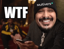 a man wearing a hat that says " multivers " on it