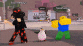 a penguin in a bikini is standing next to a girl and a noob soldier