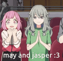 two anime girls are standing next to each other with the words may and jasper : 3 written on the bottom