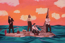a group of men on a raft in the ocean