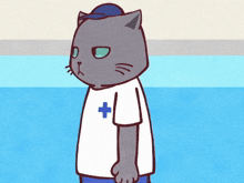 a cartoon cat wearing a white shirt with a cross on it