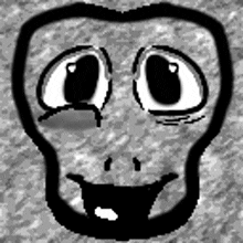 a black and white drawing of a cartoon face with big eyes and a smile on it .