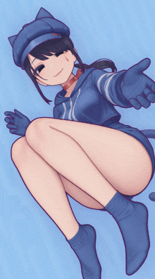 a drawing of a girl wearing a cat hat and blue gloves