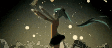 a cartoon girl with blue hair is standing in a pile of rubble