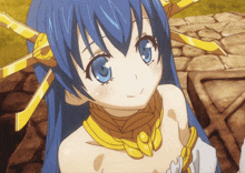 a girl with blue hair and a yellow necklace