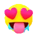 a yellow smiley face with pink hearts in his eyes and his tongue out .