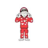 a cartoon monkey wearing a red hoodie with hearts on it giving a peace sign