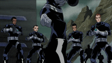 a group of cartoon characters are standing in a line