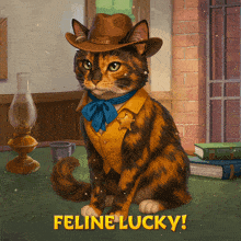 a calico cat wearing a cowboy hat and vest is sitting on a table with feline lucky written on the bottom