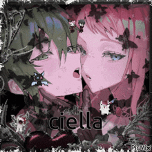 a picture of a girl and a boy kissing with the name ciella written on the bottom