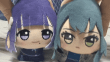 two stuffed dolls with blue hair and green eyes are being held by a person .