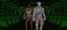 a man and a woman standing next to each other in a dark room