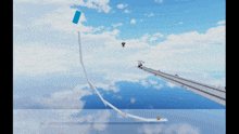 a screenshot of a video game shows a person flying a kite in the sky