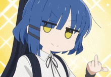 a cartoon girl with blue hair and yellow eyes giving the middle finger