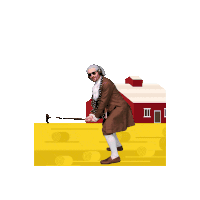 a man in a brown coat holding a cane in front of a red barn