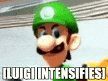 a close up of a toy luigi with the words luigi intensifies