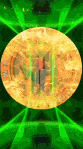 a gold coin with the letter m on it is surrounded by green rays