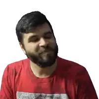 a man with a beard is wearing a red shirt with a white stripe on the side