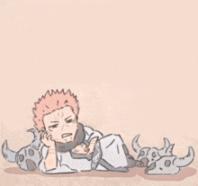 a drawing of a person laying on the ground with horns on their feet